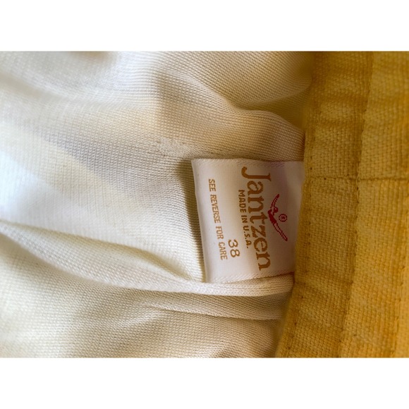 Vintage Jantzen Mens Yellow White Swim Trunks Lined Shorts 38 Linen Beach Pool - Picture 6 of 10